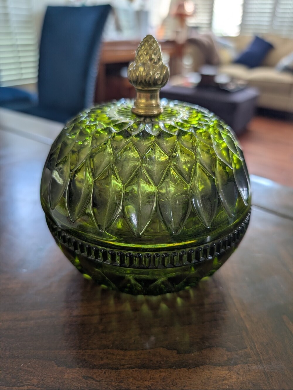 Vintage Indiana Glass Co. Mount Vernon Green Cut Glass Candy Dish | Olive Green